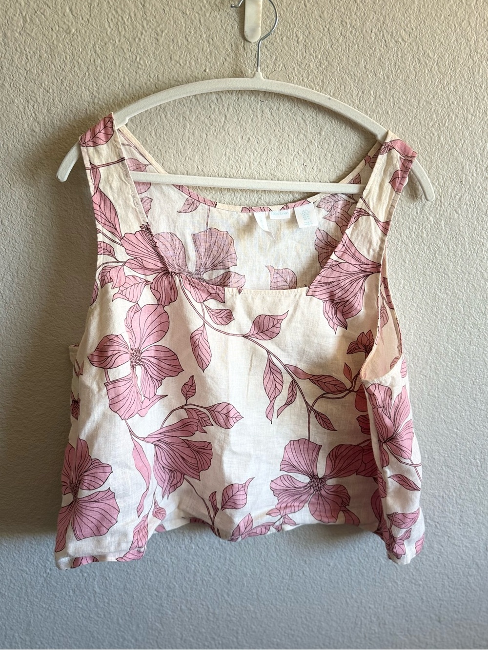 NWOT Cynthia Rowley 100% Linen Tank Top Cropped Floral Pink & Cream Size XL